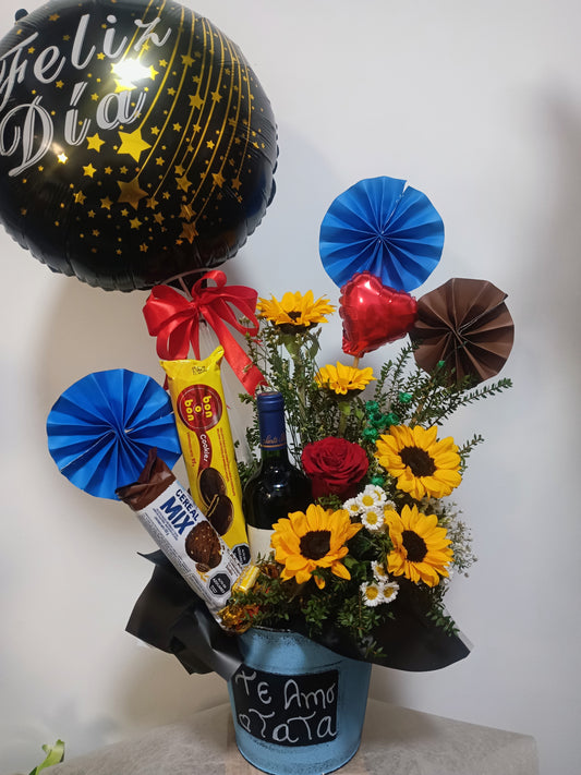 Arreglo de 5 mini girasol y vino